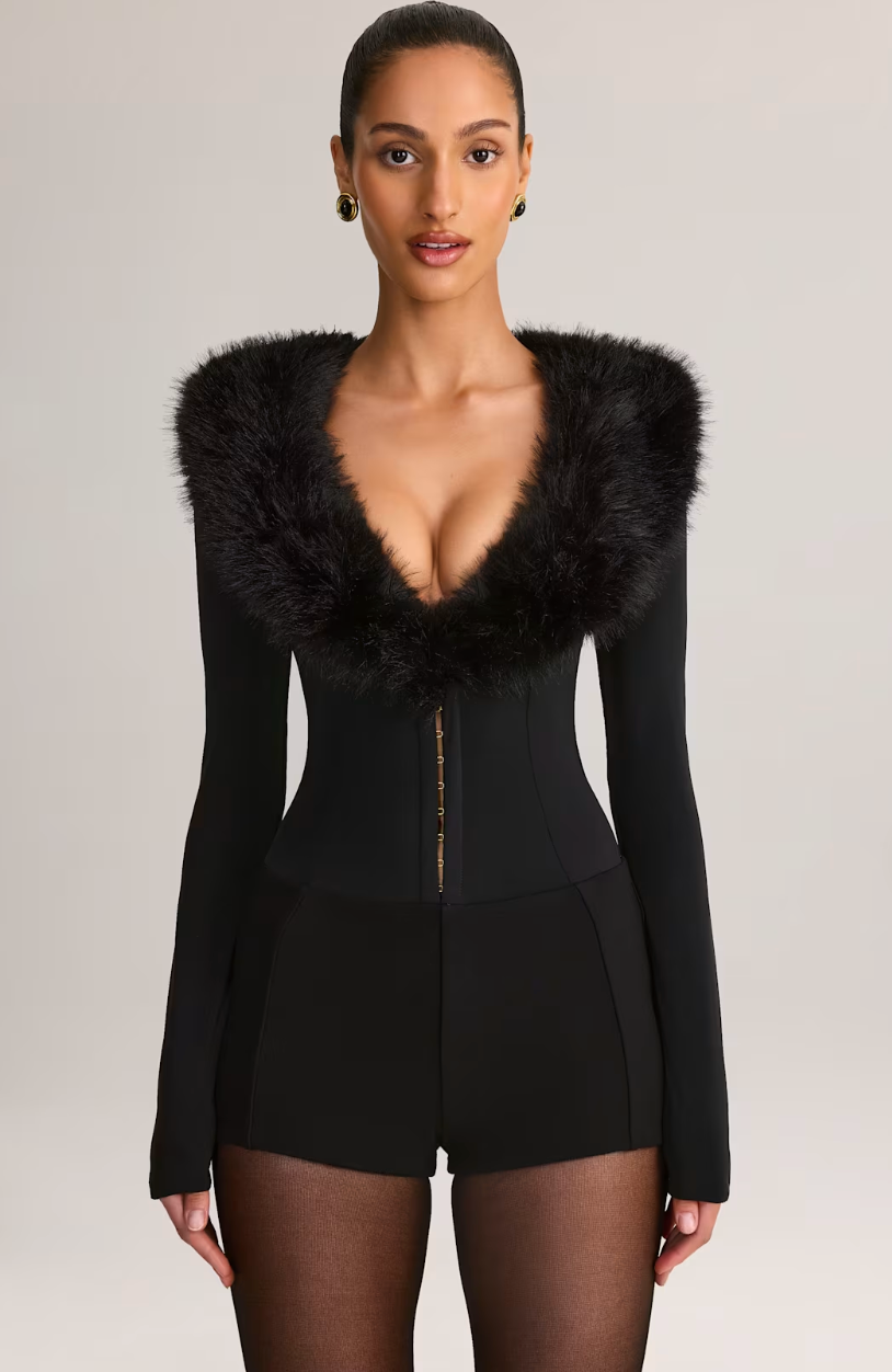 DALIA - Faux Fur-Trim Playsuit in Black