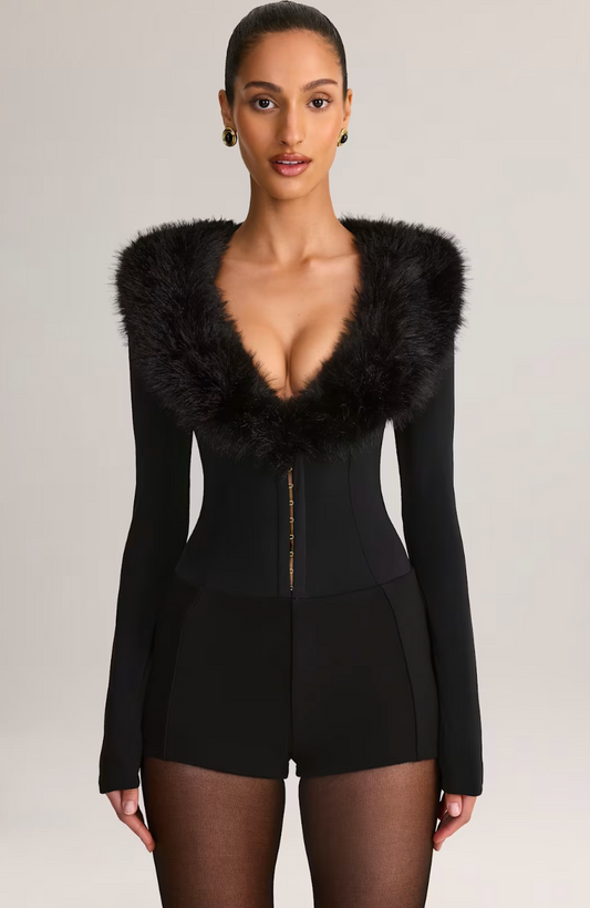 DALIA - Faux Fur-Trim Playsuit in Black