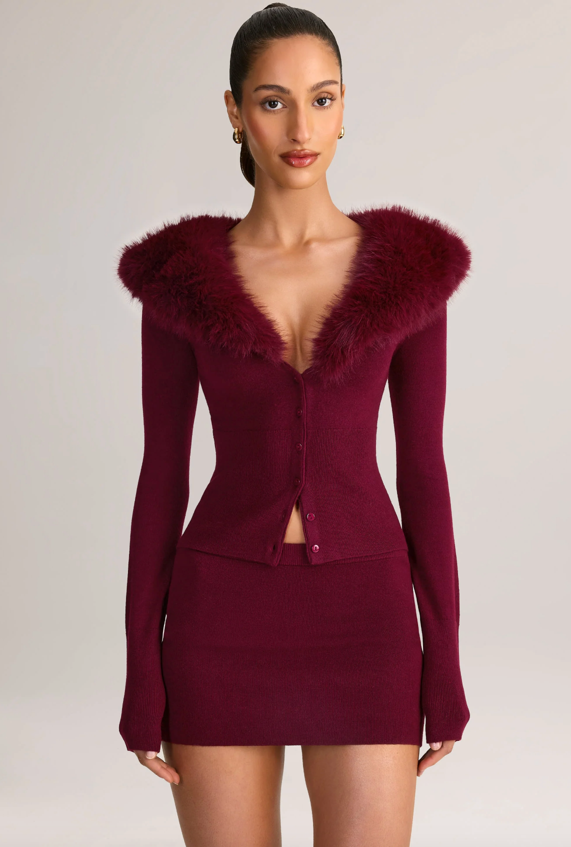 DALIA - Faux Fur-Trim Cardigan and Mid-Rise Mini Skirt Set