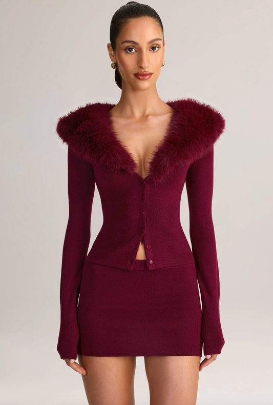 DALIA - Faux Fur-Trim Cardigan and Mid-Rise Mini Skirt Set