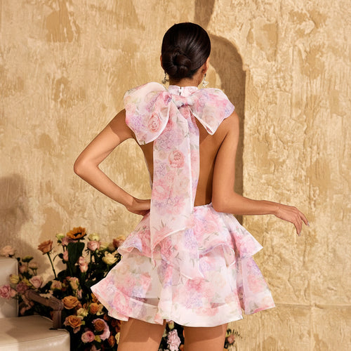 DALIA - Backless Flower Printed Bow Mini Dress