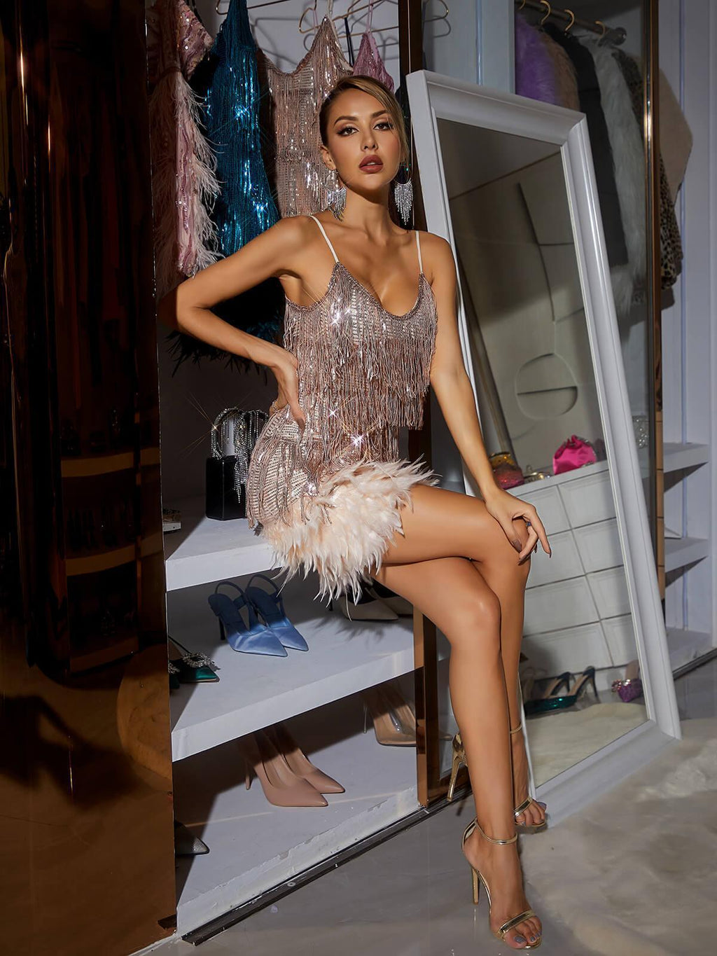 DALIA - Tassel Feather Mini Dress - Champagne