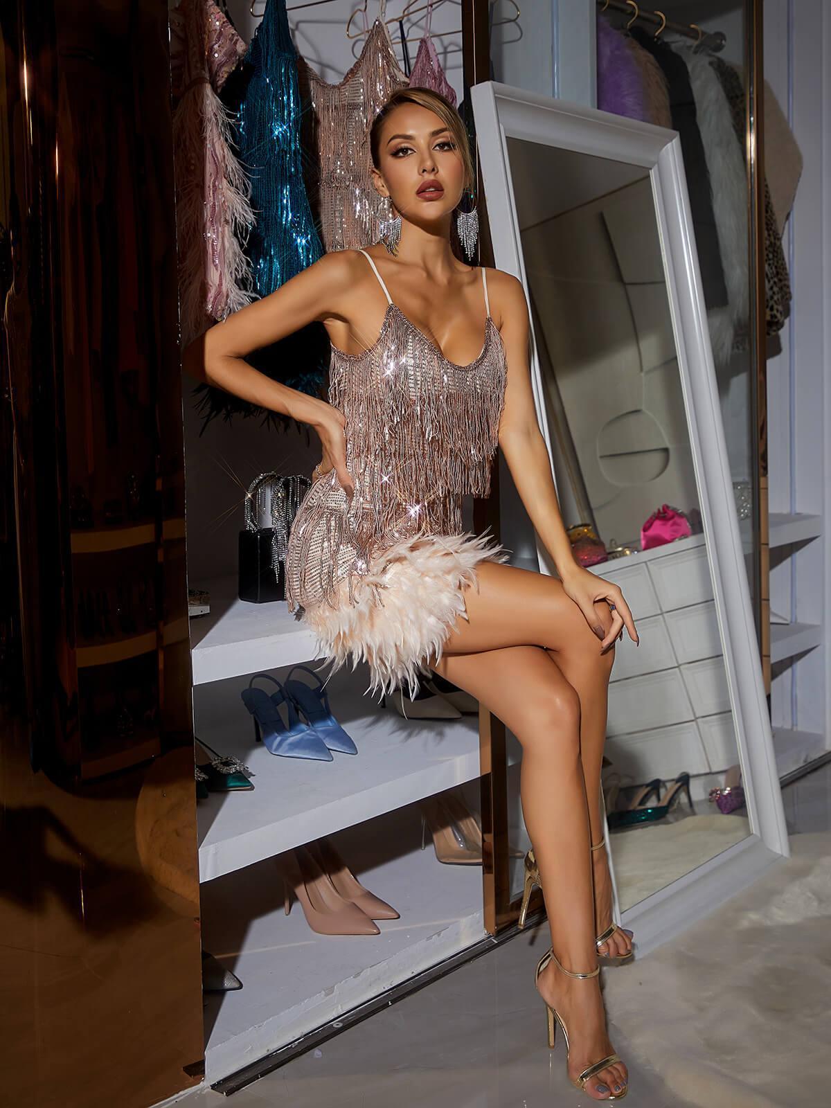 DALIA - Tassel Feather Mini Dress - Champagne