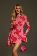 DALIA - Long Sleeve Backless Flower Mini Dress - Pink