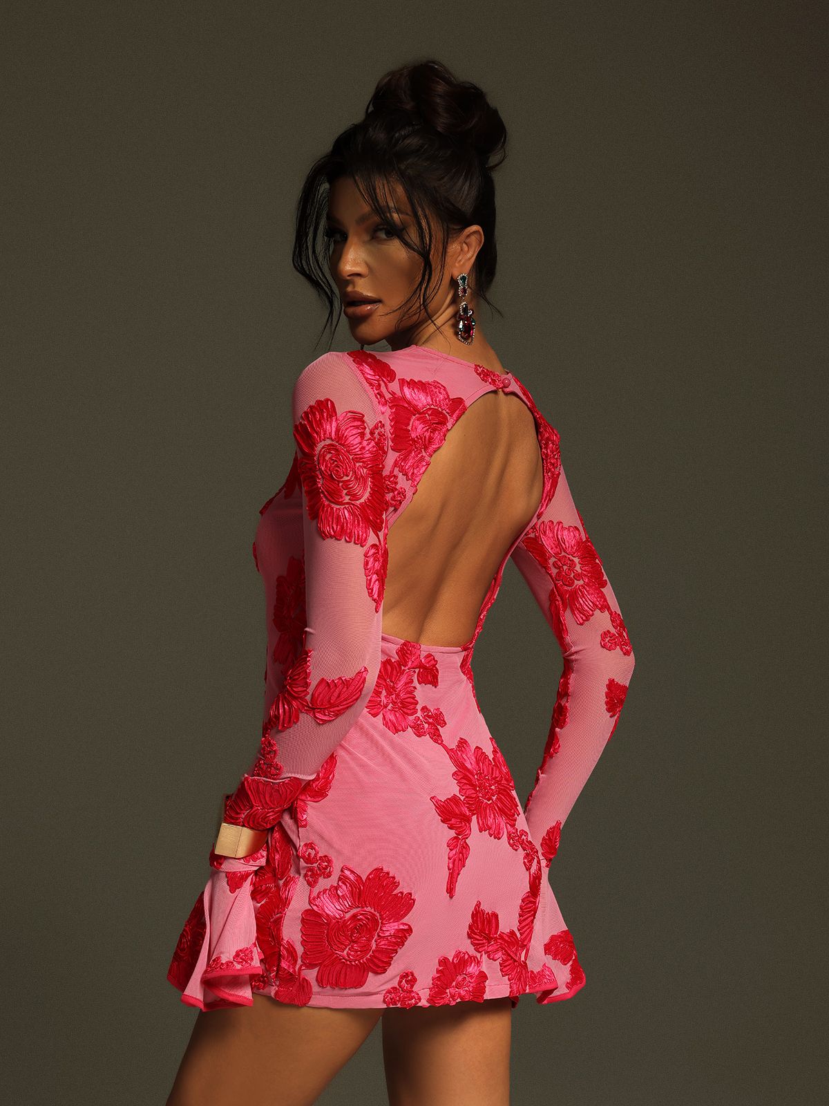 DALIA - Long Sleeve Backless Flower Mini Dress - Pink