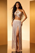DALIA -  Halterneck Fringe Skirt Set - Champagne