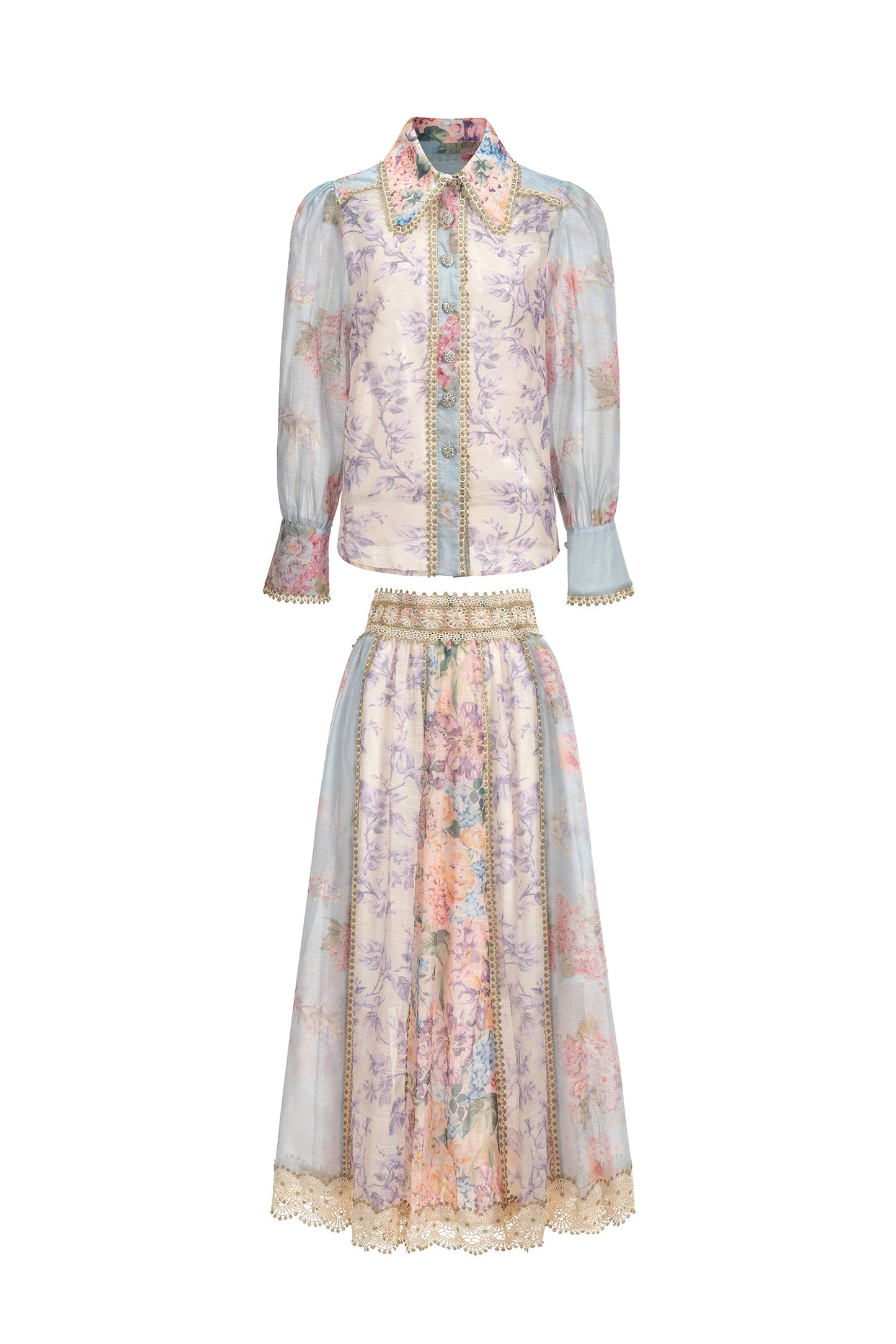 DALIA – Dwuczęściowy komplet z koronką i spódnicą z długim rękawem i kwiatowym nadrukiem