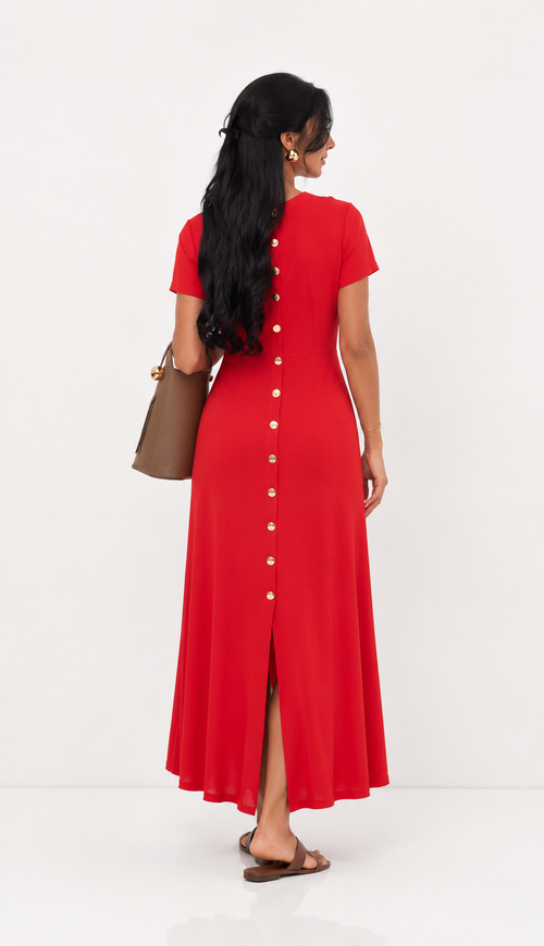 DALIA - Button Detail Midi Dress - Red
