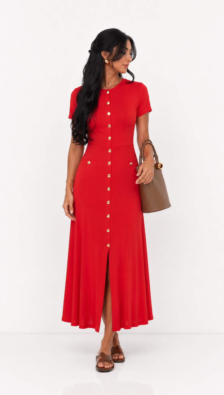 DALIA - Button Detail Midi Dress - Red