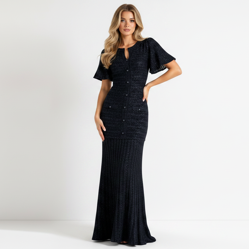 DALIA - Blue Elegant Tweed Maxi Dress