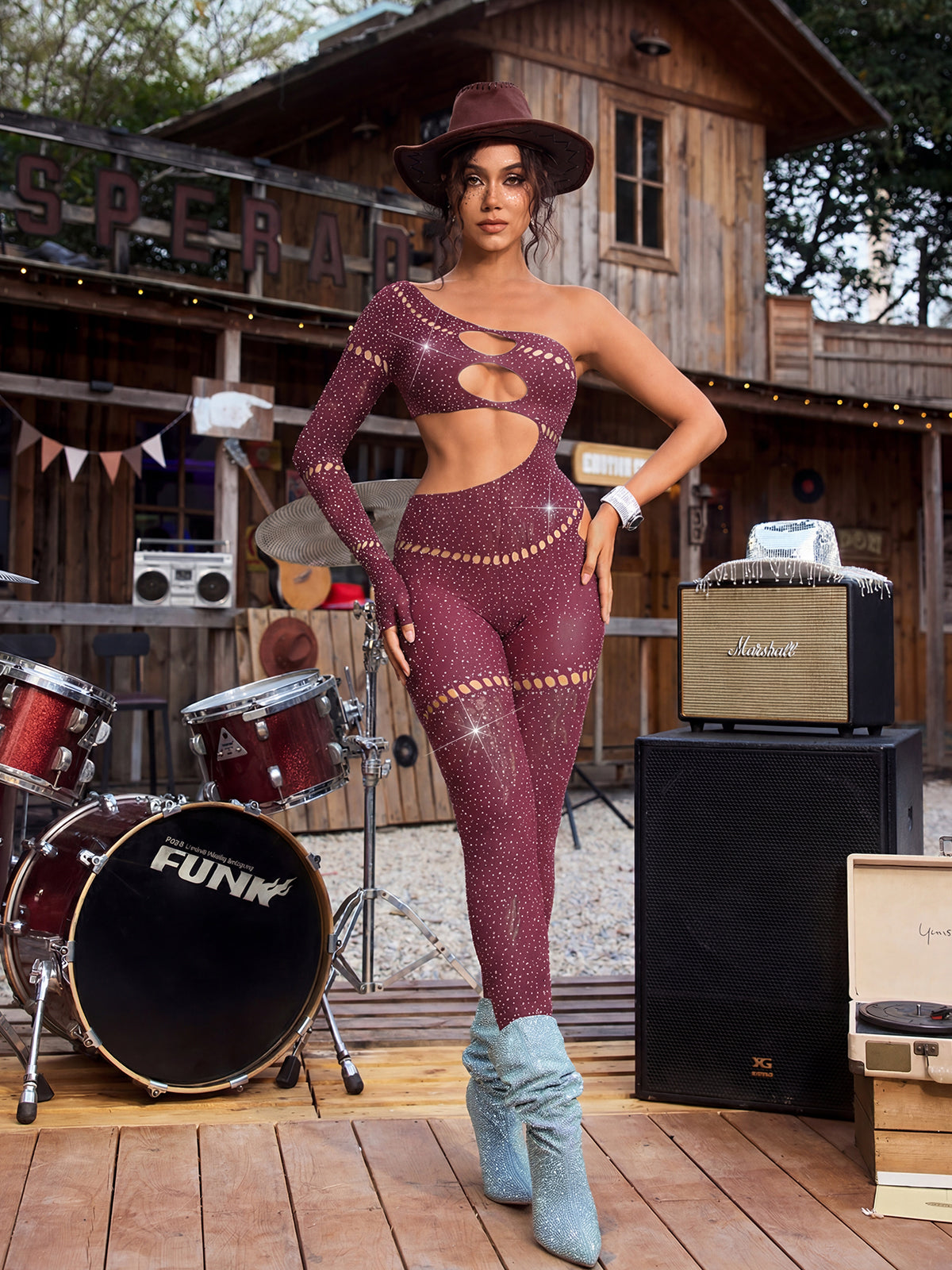 DALIA - One Shoulder Cutout Jumpsuit - Wine