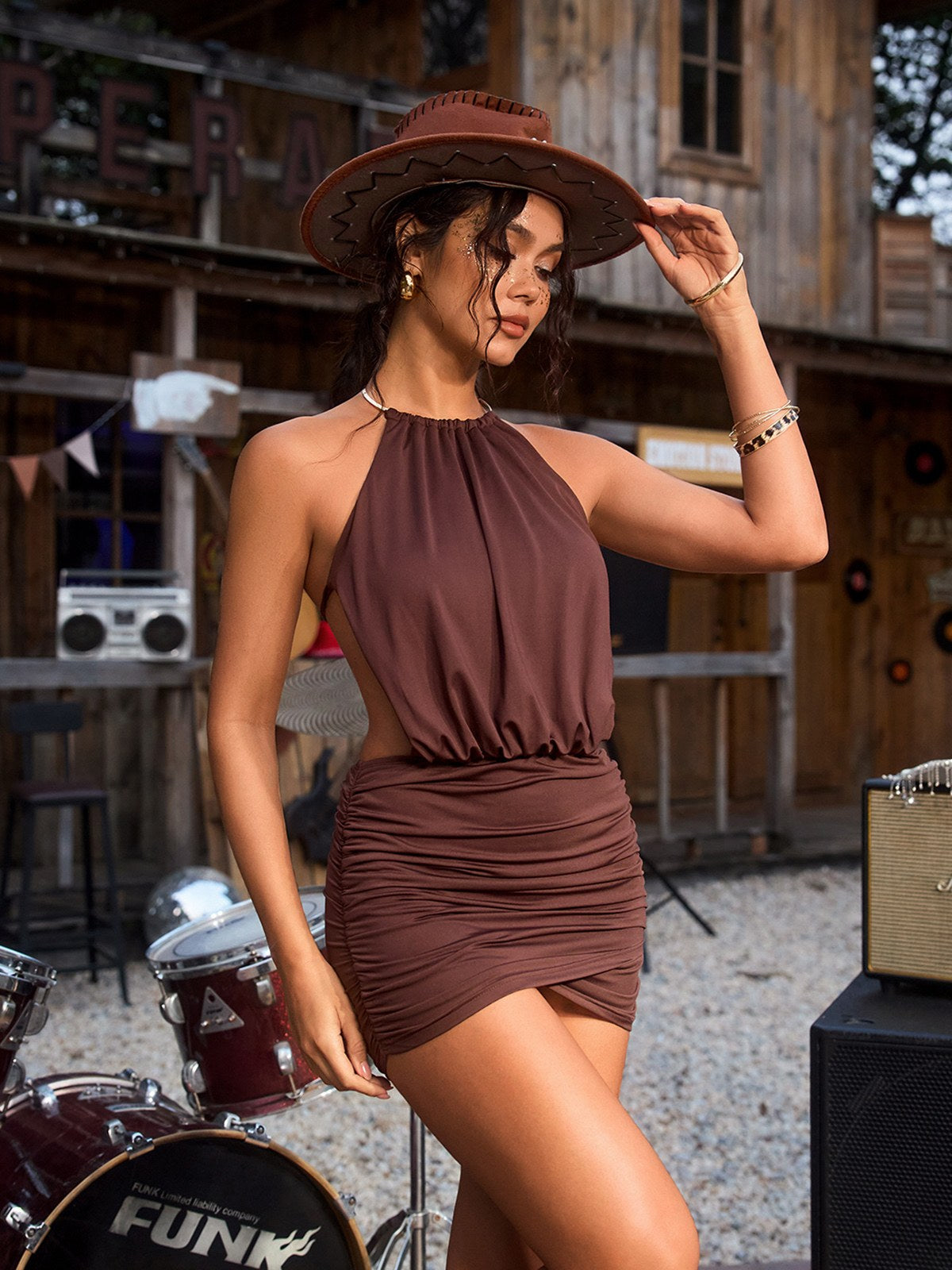 DALIA - Halterneck Ruched Mini Dress - Brown