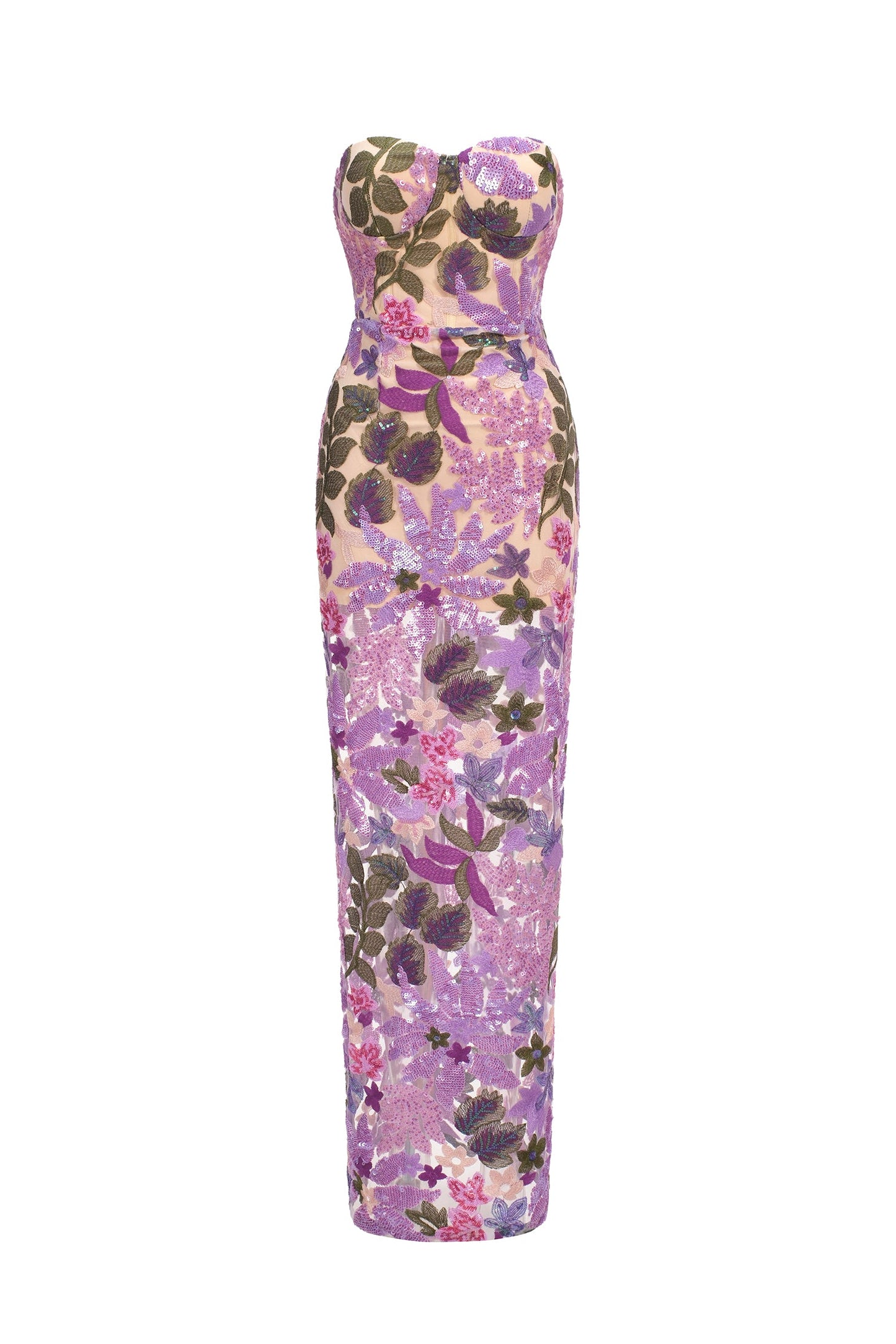 DALIA - Flower Sequins Strapless Mesh Dress - Purple
