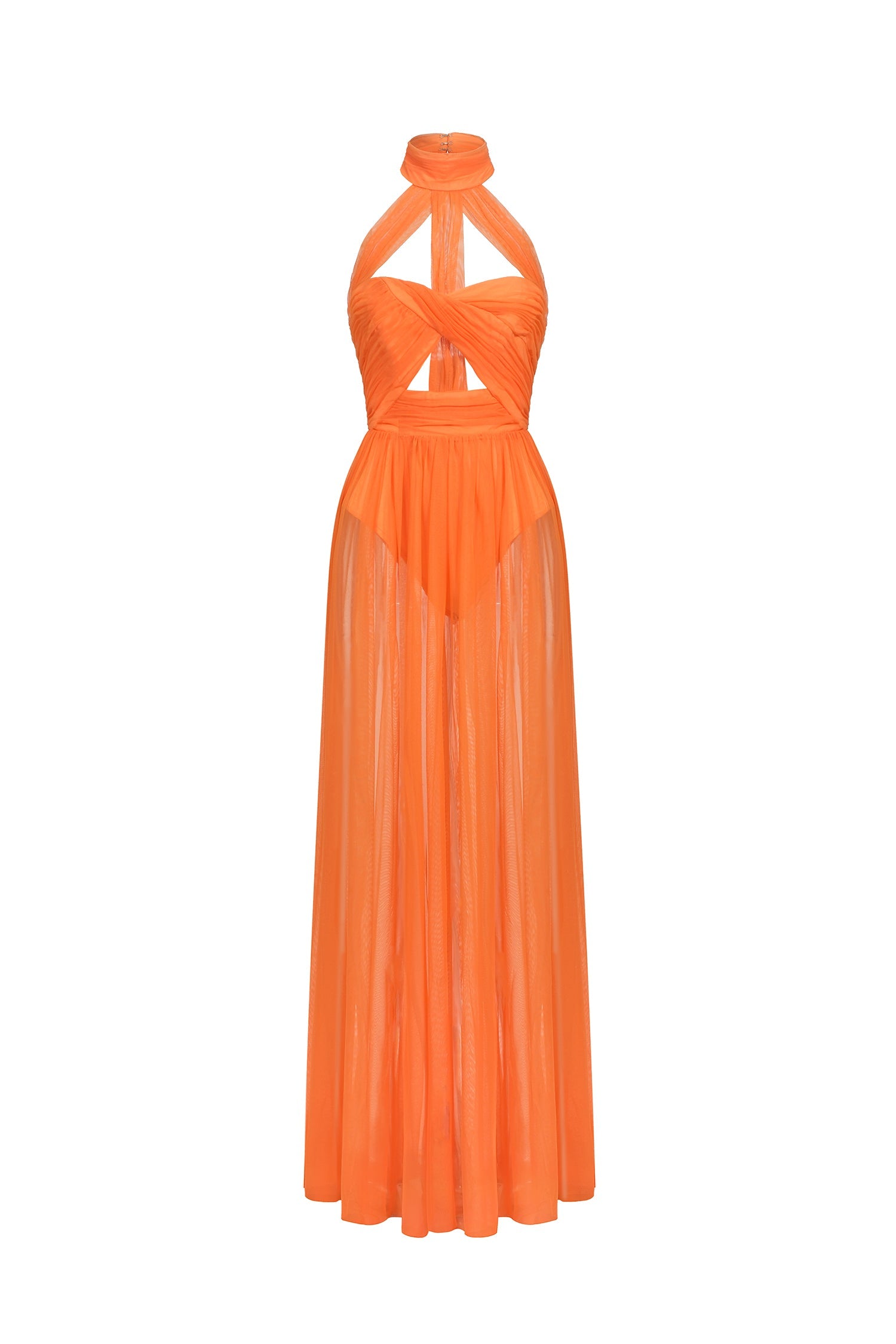 DALIA - Halterneck Twist Mesh Maxi Dress - Orange