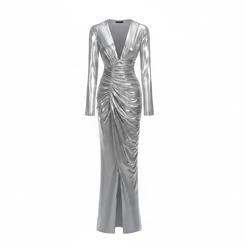 DALIA - Deep V Silver Shirr Maxi Dress