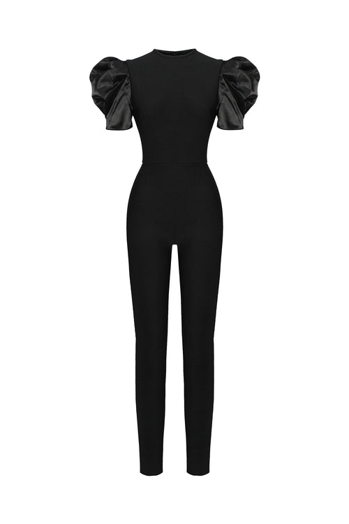 DALIA - Maxi-jumpsuit met pofmouwen, ronde hals en bandage-details