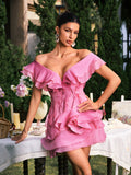 DALIA - Blush V Neck Ruffle Mini Dress - Pink