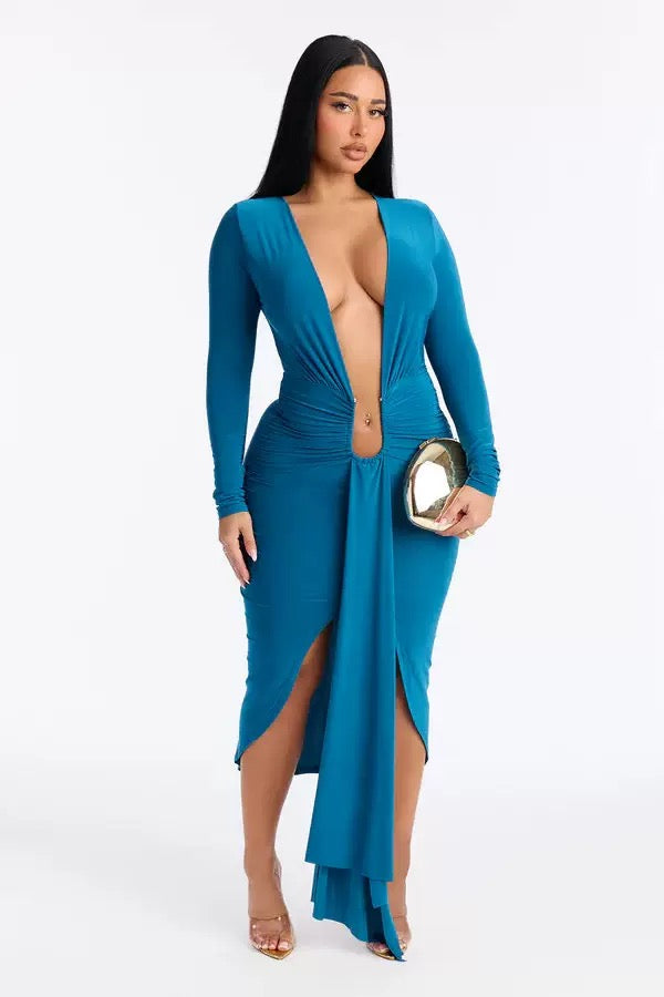 DALIA – Cut-Out Ruched Maxi Dress - Blue