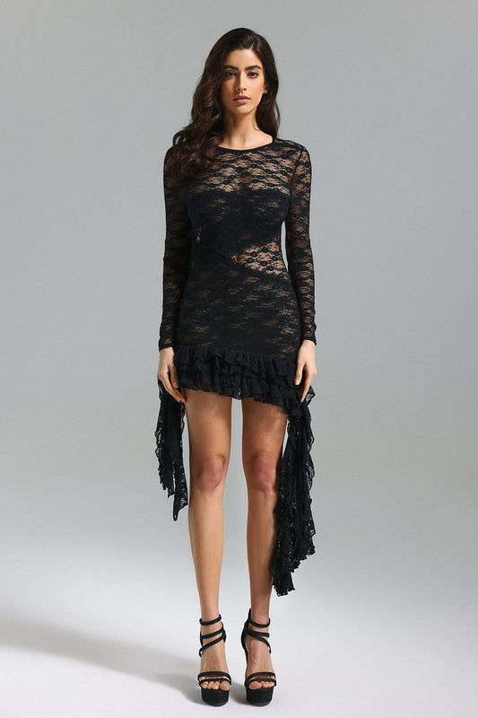 DALIA - Edeline Lace Asymmetrical Hem Mini Dress