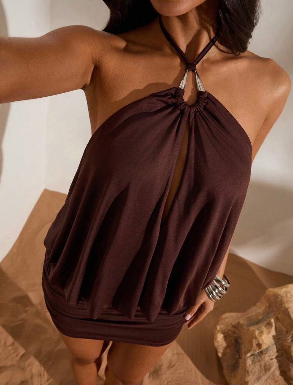DALIA - Halter Mini Dress - Brown