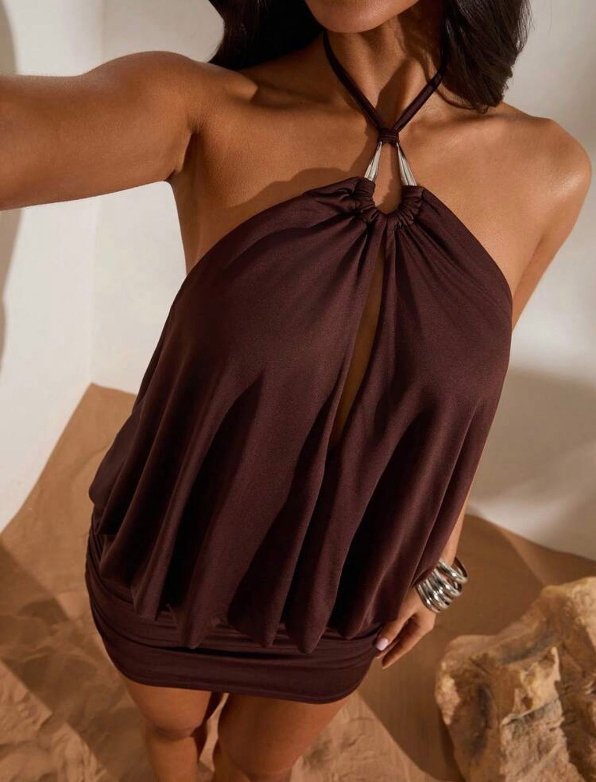 DALIA - Halter Mini Dress - Brown