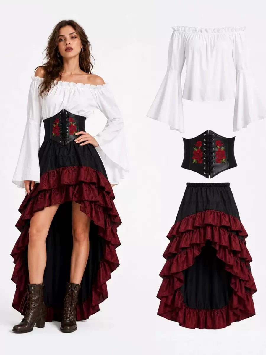 DALIA – Gothic Ruffle Halloween Costume - White & Burgundy