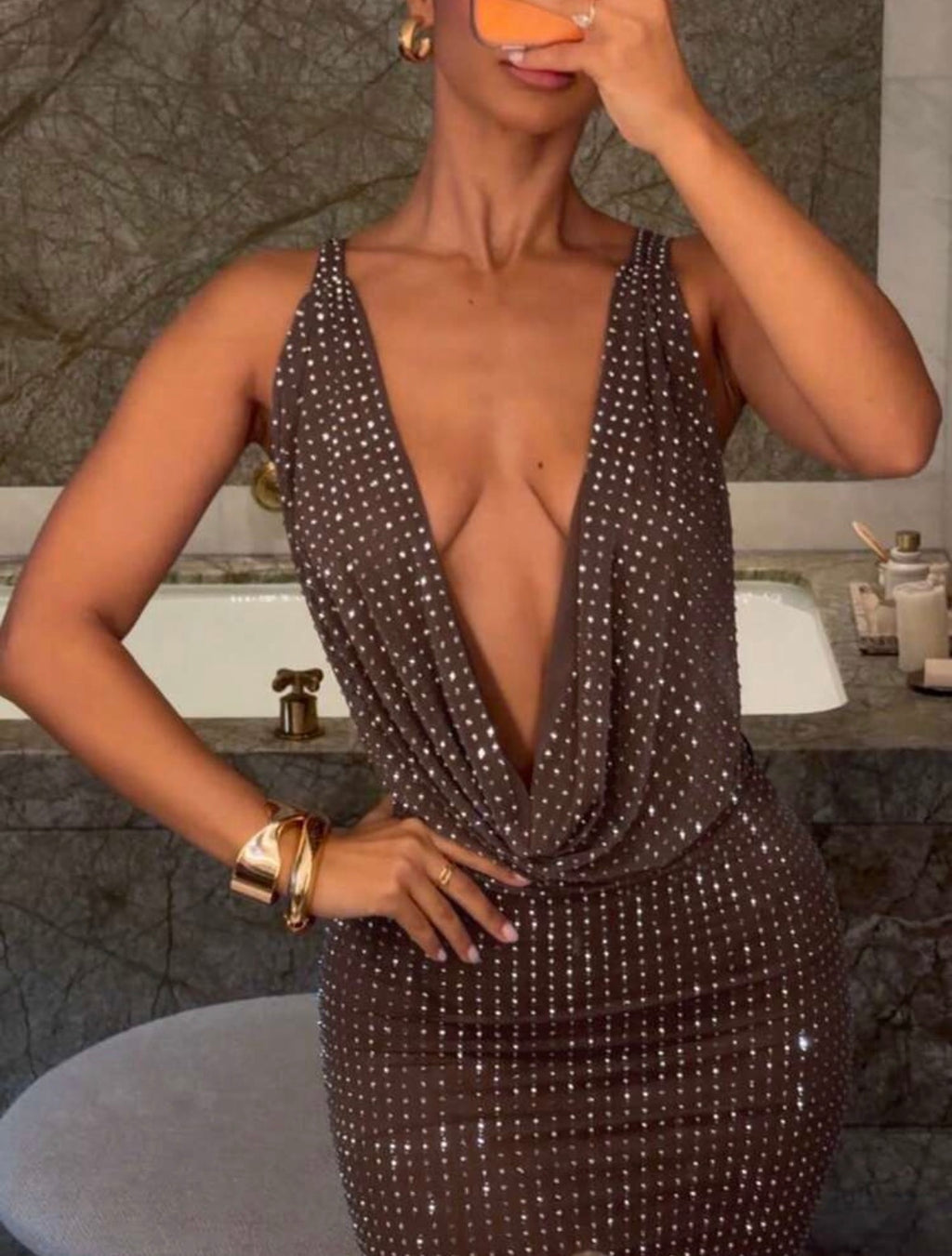 DALIA - Rhinestone Maxi Dress - Brown