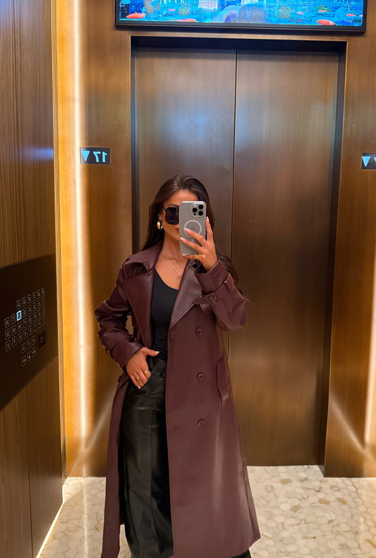 DALIA - Premium Leather Trench Coat - Berry