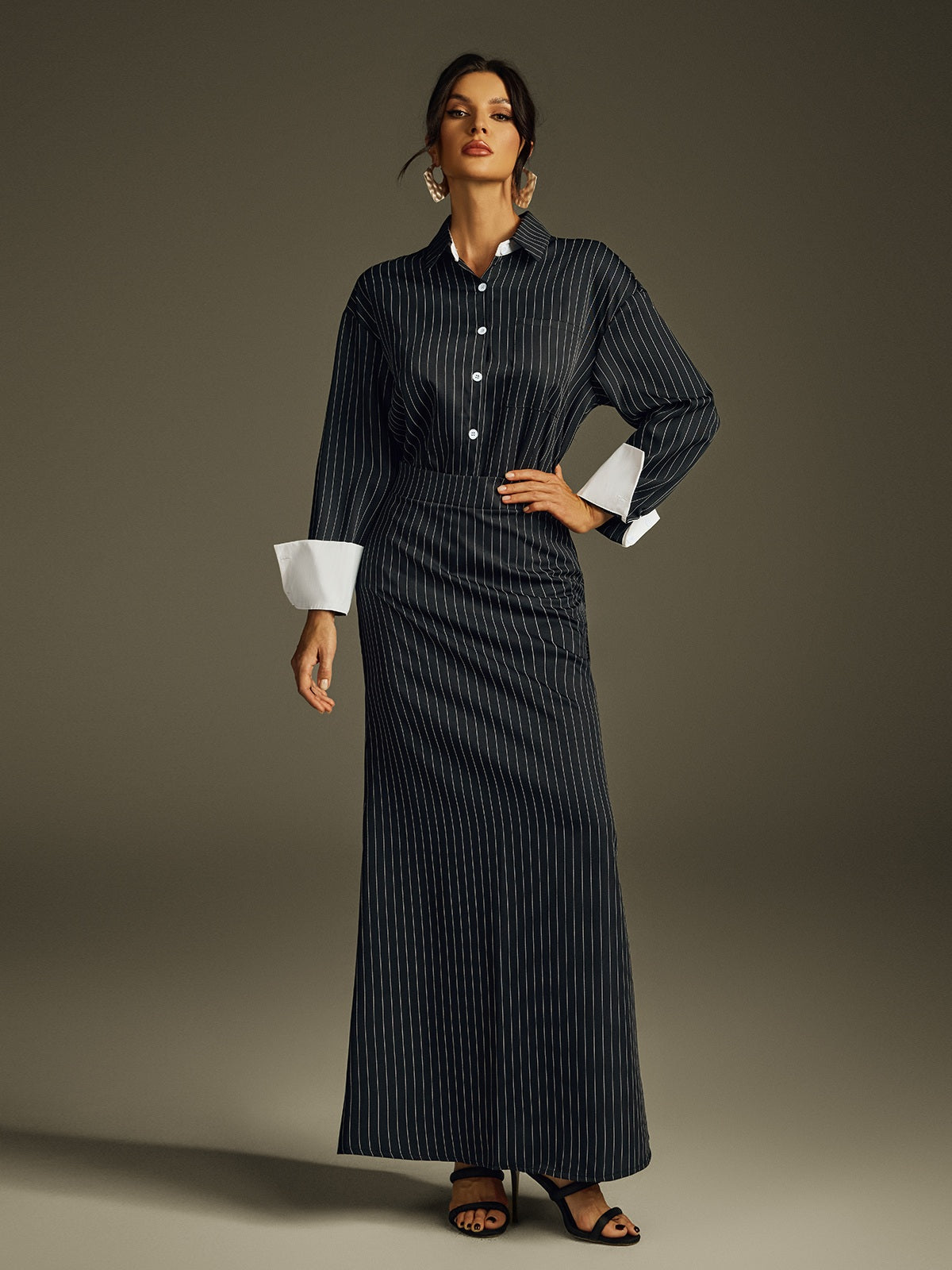 DALIA - Folded Collar Stripe Skirt Set