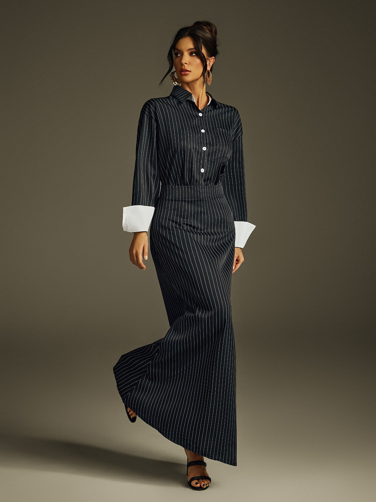 DALIA - Folded Collar Stripe Skirt Set