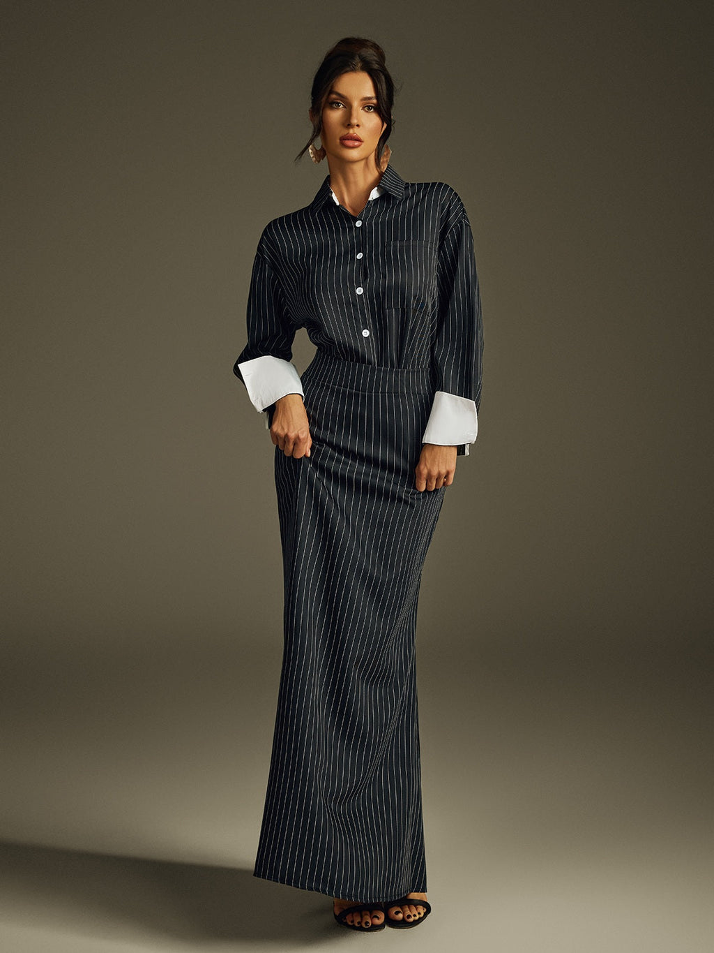DALIA - Folded Collar Stripe Skirt Set