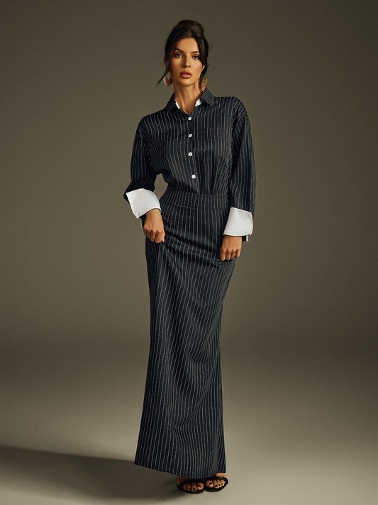 DALIA - Folded Collar Stripe Skirt Set