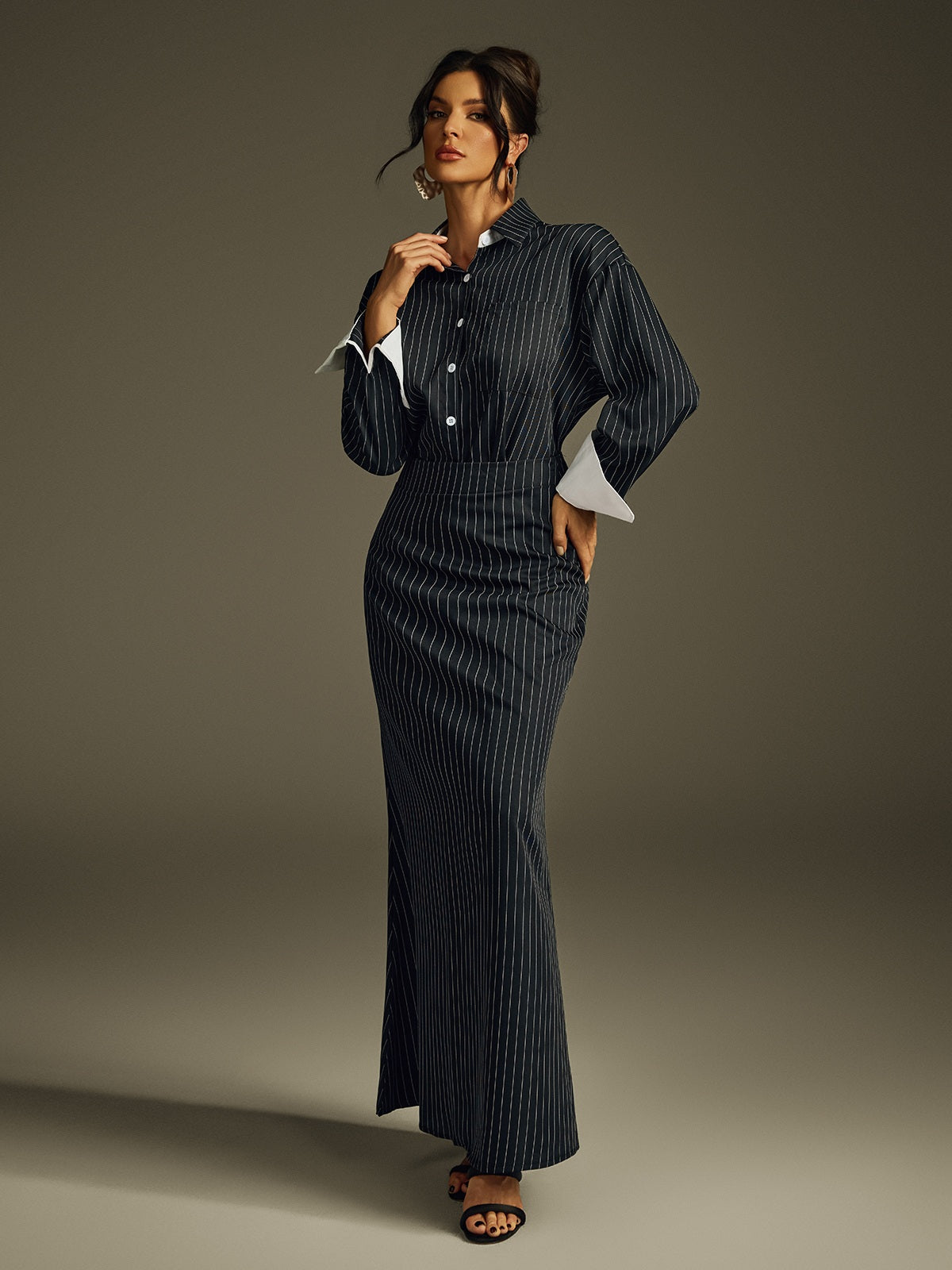 DALIA - Folded Collar Stripe Skirt Set