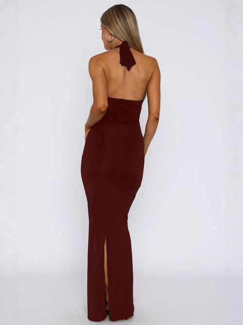DALIA - Bodycon Halter Maxi Dress - Burgundy