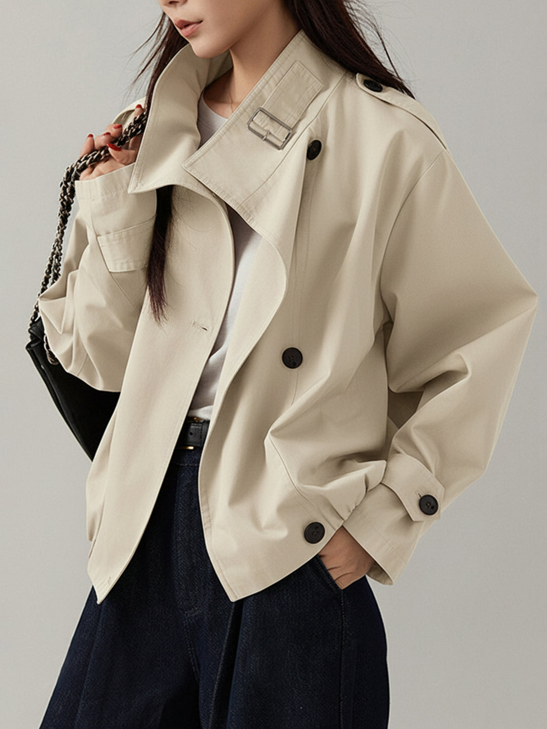 DALIA -  Stand Collar Trench Coat - Elegant Waist Design