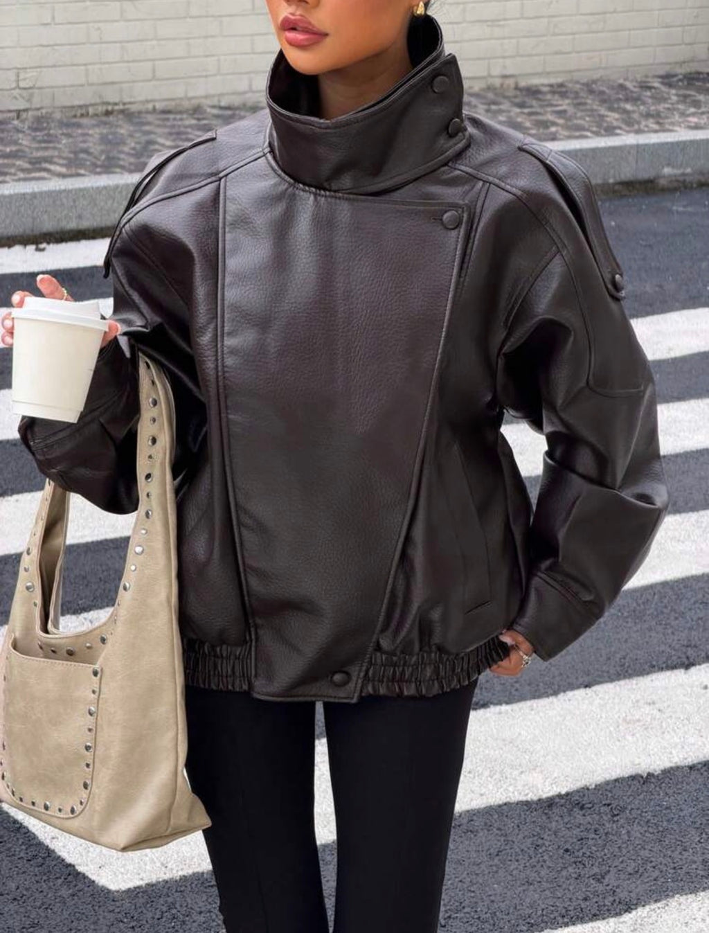 DALIA – Oversized PU Leather Jacket - Brown