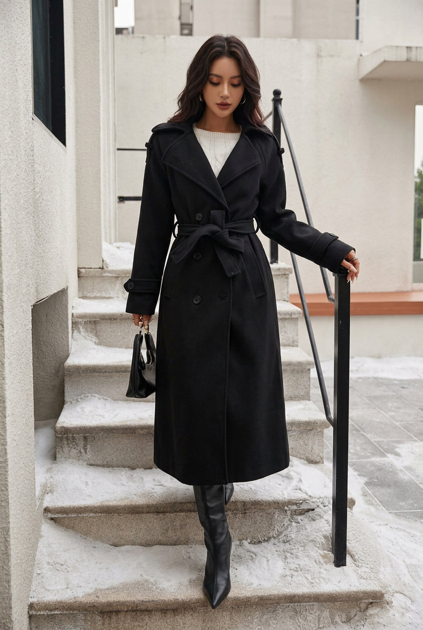 DALIA – Classic Belted Long Coat – Black