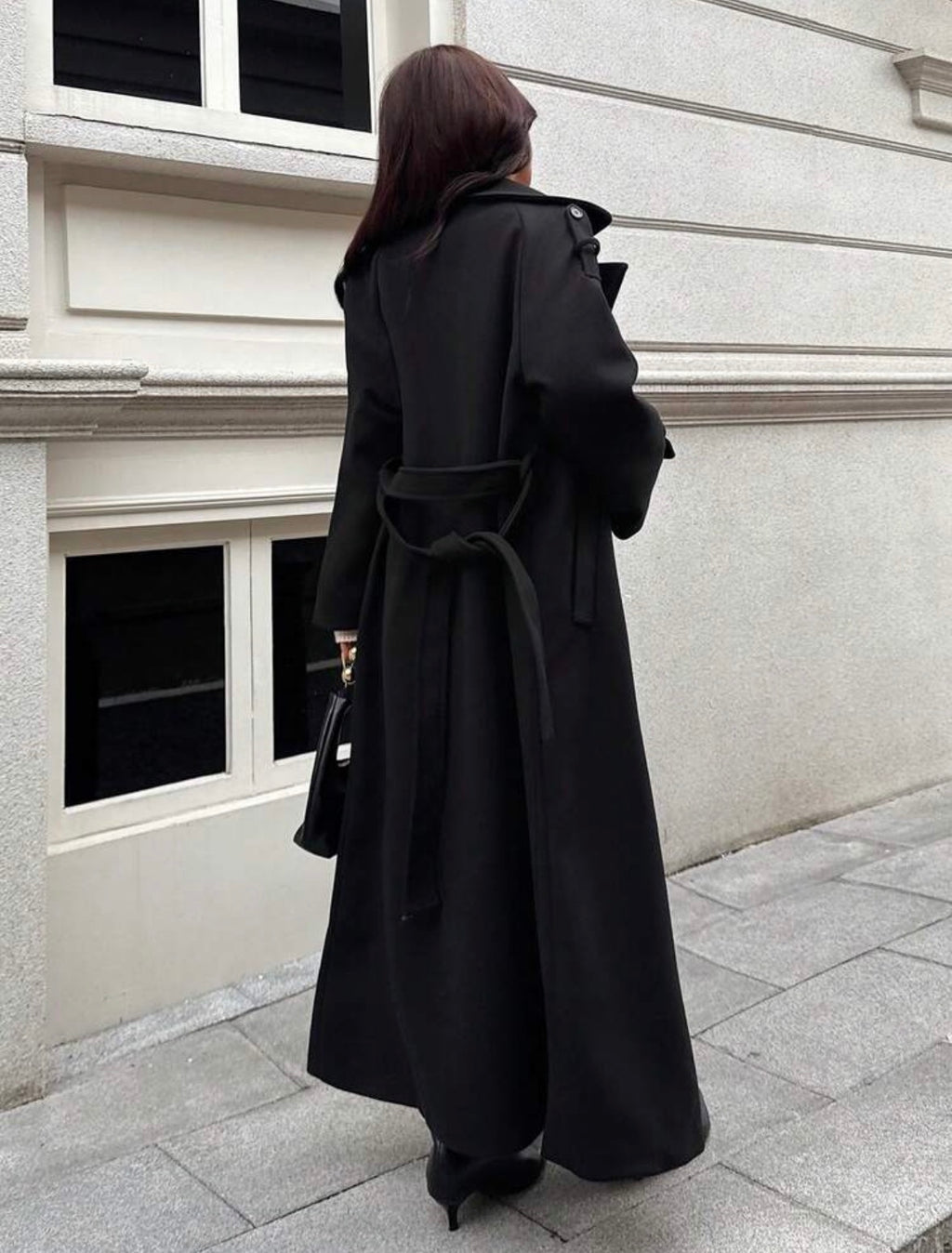 DALIA – Classic Belted Long Coat – Black