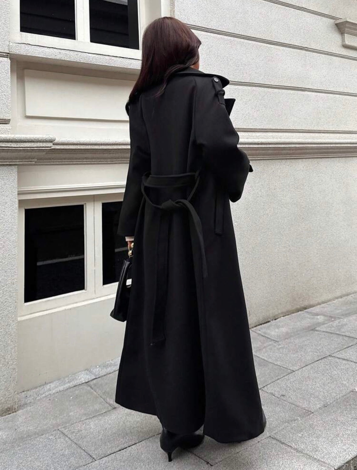 DALIA – Classic Belted Long Coat – Black