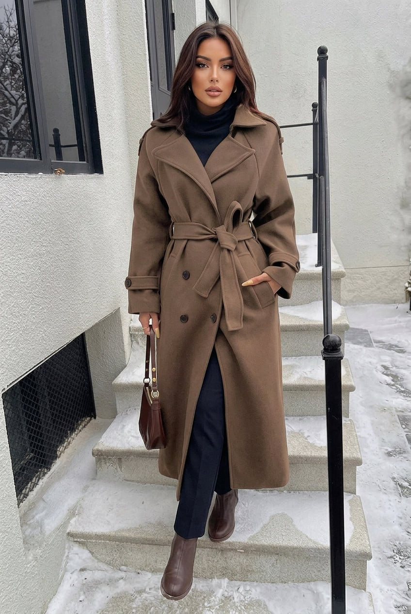 DALIA – Classic Belted Long Coat – Brown