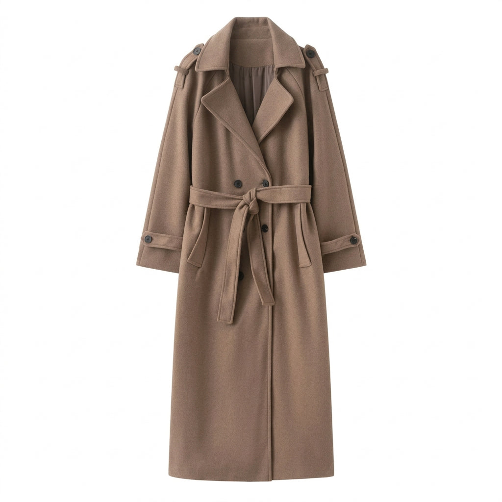 DALIA – Classic Belted Long Coat – Brown
