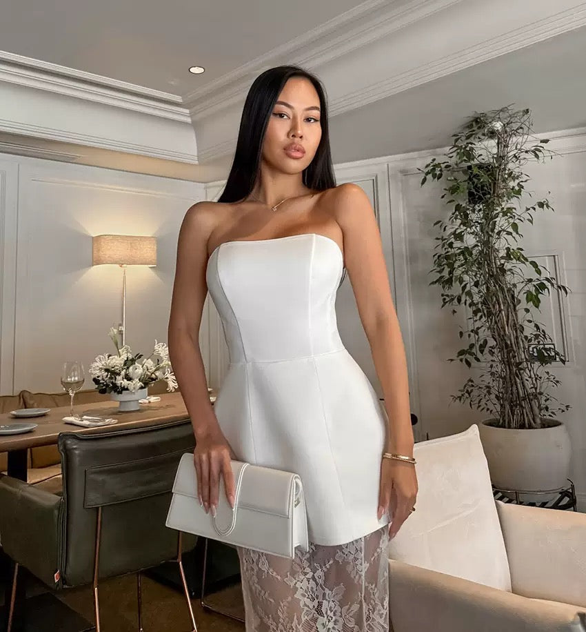 DALIA - Elegant Strapless Lace Maxi Set - White