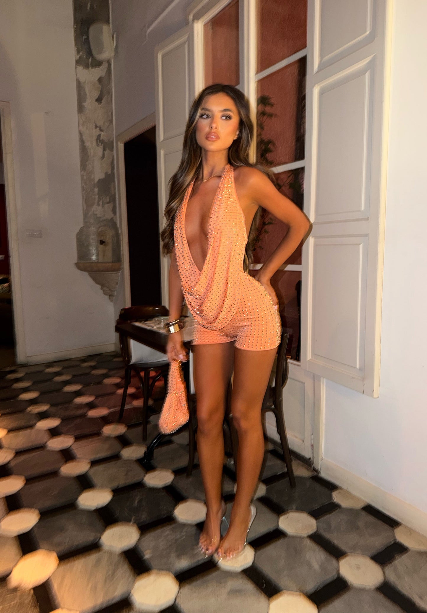 DALIA - Diamanté Playsuit & Bag - Orange