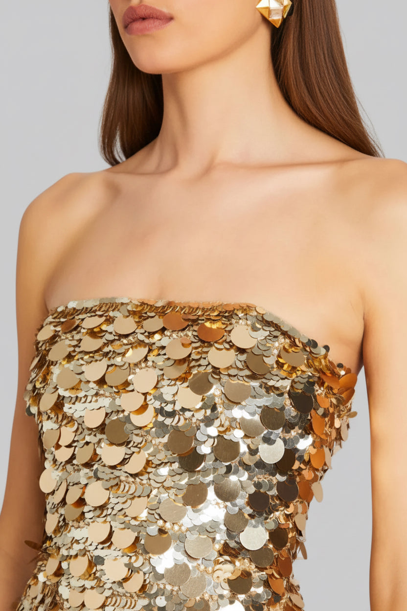 DALIA - Gold Sequin-Embellished Strapless Mini Dress