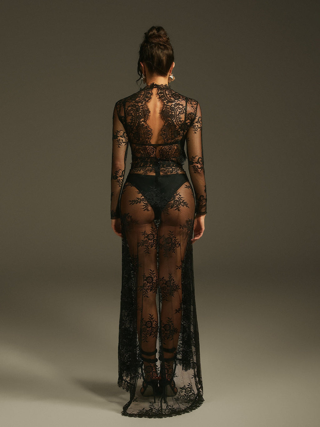 DALIA - Long Sleeve Lace Split Maxi Dress - Black
