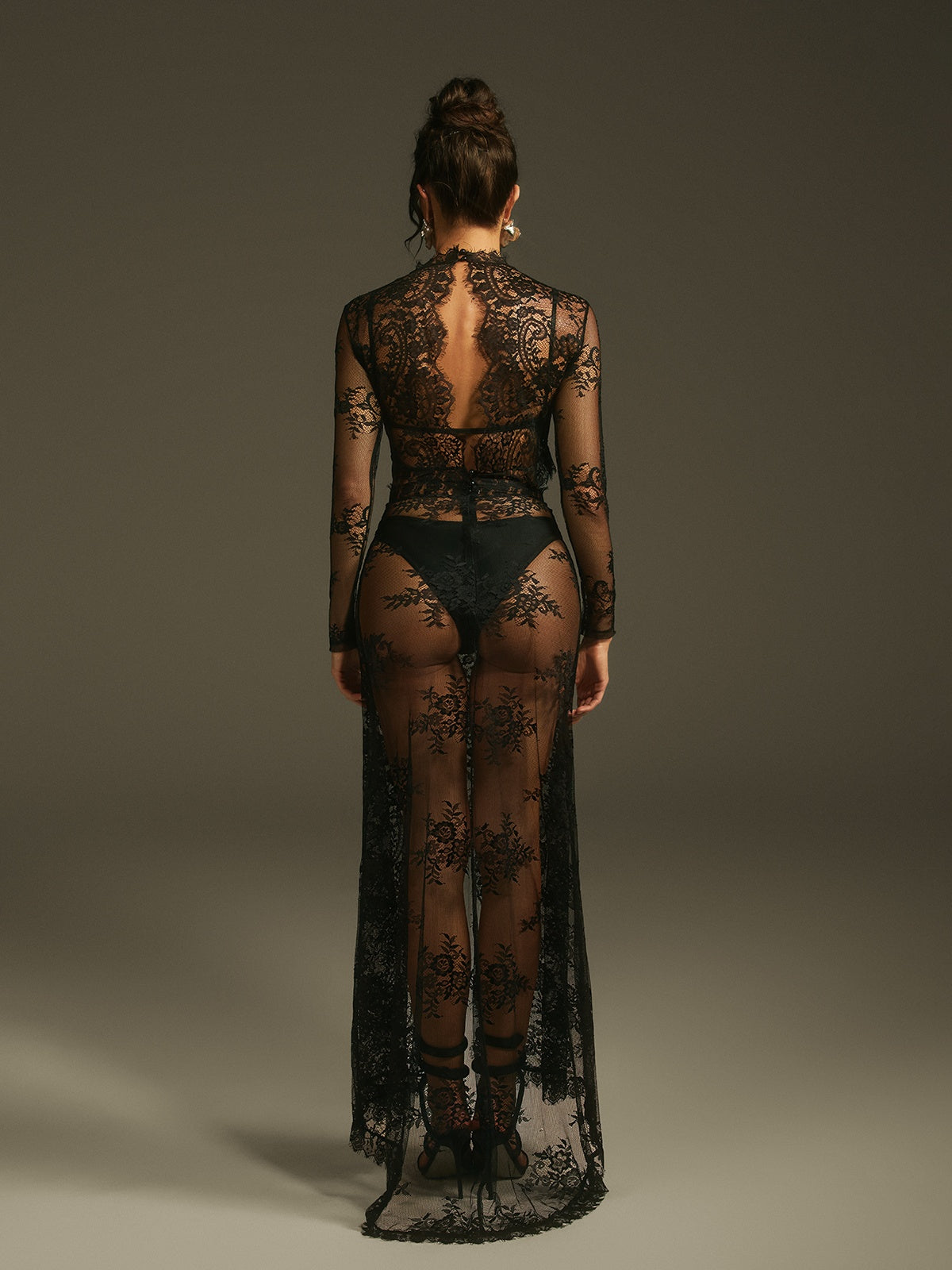 DALIA - Long Sleeve Lace Split Maxi Dress - Black