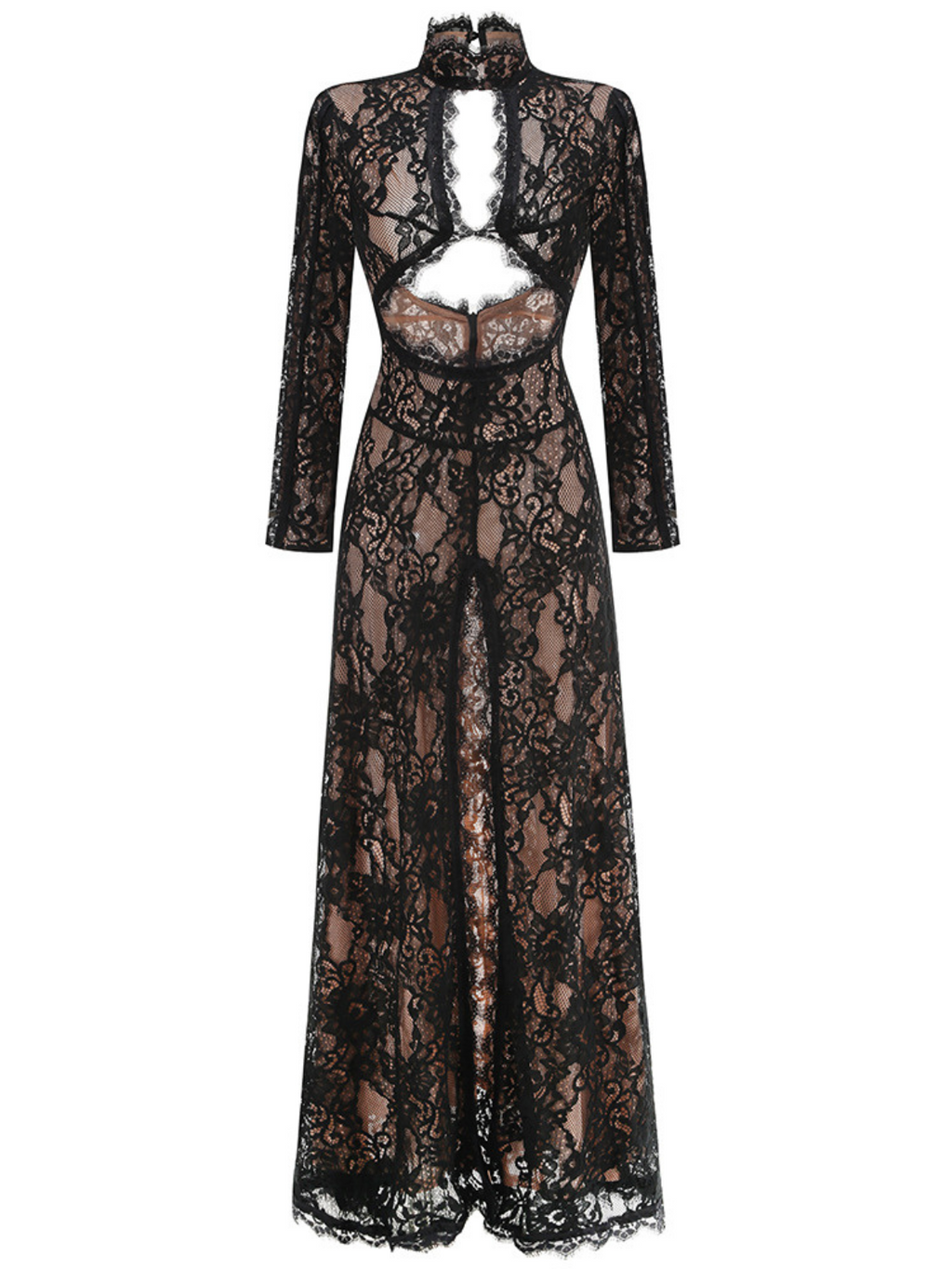 DALIA - Long Sleeve Lace Split Maxi Dress - Black