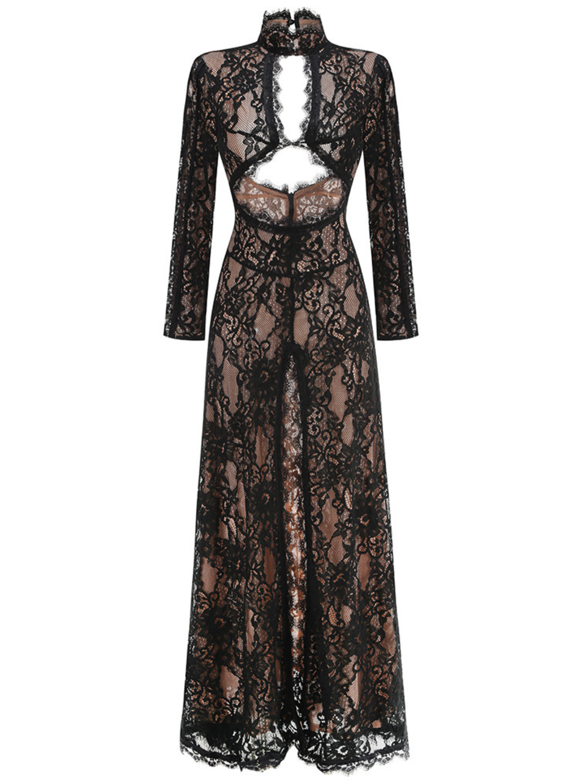 DALIA - Long Sleeve Lace Split Maxi Dress - Black