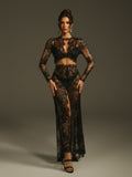 DALIA - Long Sleeve Lace Split Maxi Dress - Black