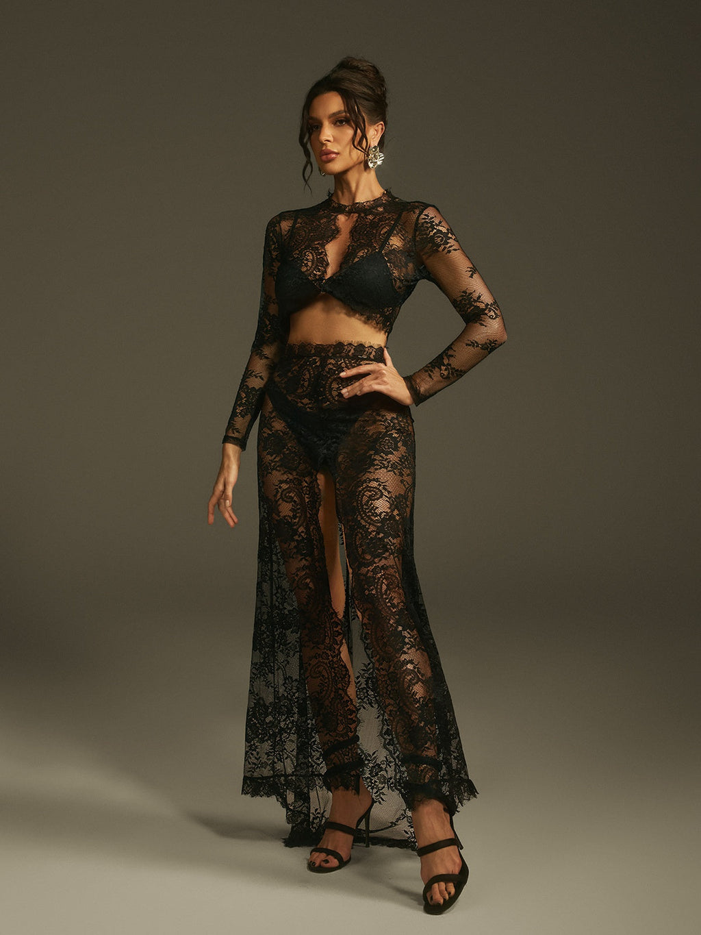 DALIA - Long Sleeve Lace Split Maxi Dress - Black